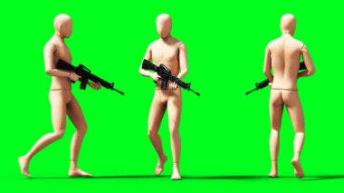 Aptal, manken animasyonu. Garip, hareket bulanıklığı. Gerçekçi 4K animasyonu. Yeşil Ekran