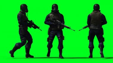 Askeri asker animasyonu. Tuhaf, hareketli, bulanık. Gerçekçi 4K animasyonu. Yeşil Ekran