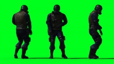 Askeri asker animasyonu. Tuhaf, hareketli, bulanık. Gerçekçi 4K animasyonu. Yeşil Ekran