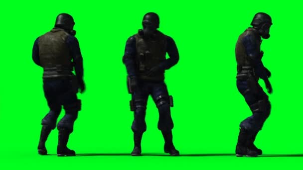 Katonai katona animáció. Fizikai, mozgási, homályos. Realisztikus 4k animáció. Zöld képernyő — Stock videók
