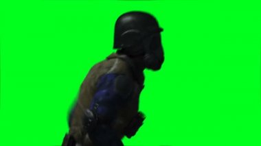 Askeri asker animasyonu. Tuhaf, hareketli, bulanık. Gerçekçi 4K animasyonu. Yeşil Ekran