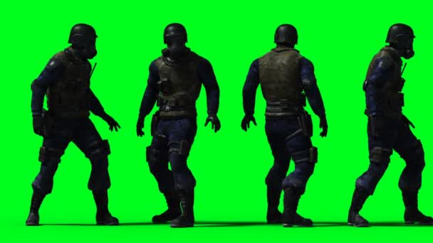Animace vojenského vojáka. Phisical, motion, blur. Realistická 4k animace. Zelená obrazovka