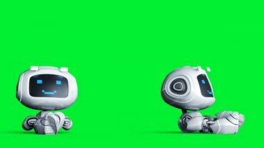 Beyaz gülümseyen oyuncak robot animasyonu. Garip hareket bulanıklığı. Gerçekçi yeşil ekran 4k animasyonu. Yeşil Ekran