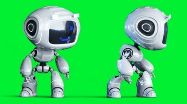Beyaz gülümseyen oyuncak robot animasyonu. Garip hareket bulanıklığı. Gerçekçi yeşil ekran 4k animasyonu. Yeşil Ekran