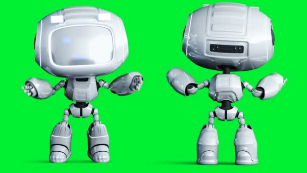 Vit leende leksak robot animation. Filisk rörelse suddig. Realistisk grön skärm 4k animation. Grön skärm — Stockvideo
