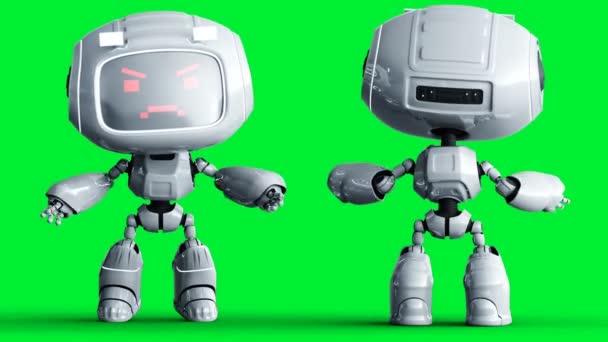 Naštvaná bílá hračka robot animace. Phisical motion blur. Realistická zelená obrazovka 4k animace. Zelená obrazovka