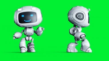 Beyaz gülümseyen oyuncak robot animasyonu. Garip hareket bulanıklığı. Gerçekçi yeşil ekran 4k animasyonu. Yeşil Ekran