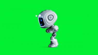 Beyaz gülümseyen oyuncak robot animasyonu. Garip hareket bulanıklığı. Gerçekçi yeşil ekran 4k animasyonu. Yeşil Ekran