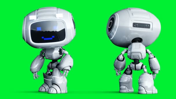 Beyaz gülümseyen oyuncak robot animasyonu. Garip hareket bulanıklığı. Gerçekçi yeşil ekran 4k animasyonu. Yeşil Ekran — Stok video