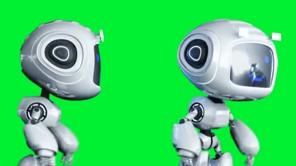 白い笑顔のおもちゃロボットアニメーション。物理的な動きをぼかす。リアルなグリーンスクリーン4kアニメーション。緑の画面 — ストック動画