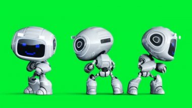Beyaz gülümseyen oyuncak robot animasyonu. Garip hareket bulanıklığı. Gerçekçi yeşil ekran 4k animasyonu. Yeşil Ekran
