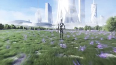 Dişi robot çim tarlasında yürüyor. Bilim kurgu şehri geçmişi. Gelecek kavramı. Gerçekçi 4K animasyonu.
