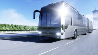 Otobanda çok hızlı giden 3D yolcu otobüsü modeli. Gelecekçi şehir geçmişi. 3d oluşturma.