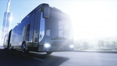 Otobanda çok hızlı giden 3D yolcu otobüsü modeli. Gelecekçi şehir geçmişi. 3d oluşturma.