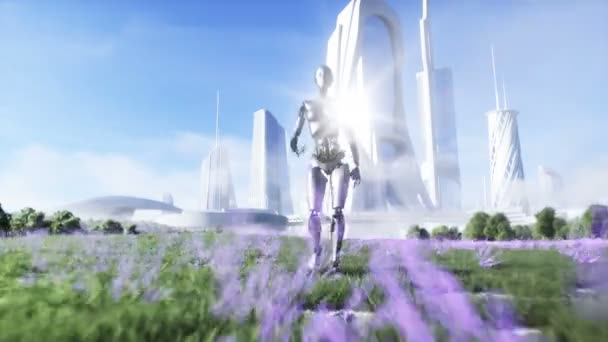 Vrouwelijke robot loopt grasveld. Sci fi stad achtergrond. Het concept van de toekomst. Realistische 4K animatie. — Stockvideo