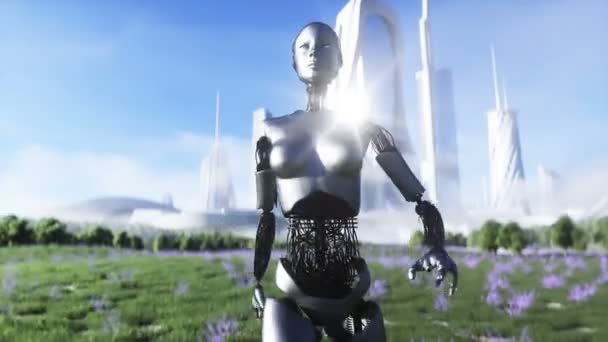 Robot femminile cammina campo di erba. Sfondo della città di fantascienza. Concetto di futuro. Animazione 4K realistica . — Video Stock