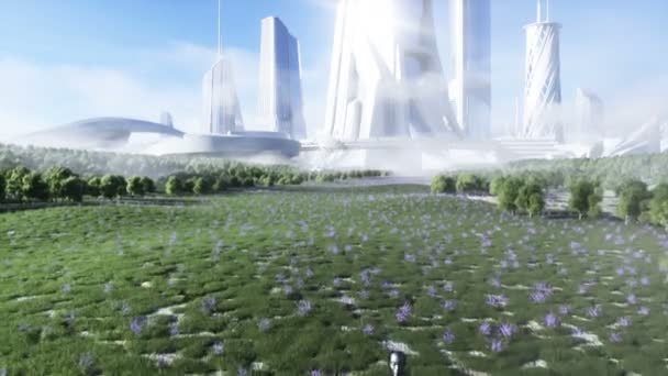 Robot femelle marche champ d'herbe. Contexte de la ville de science-fiction. Concept d'avenir. Animation 4K réaliste. — Video