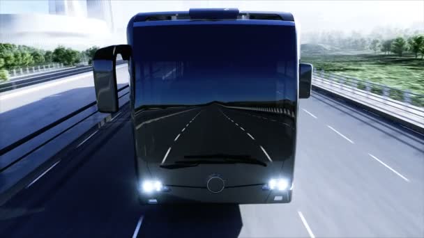 3D-Modell des Personenbusses sehr schnelles Fahren auf der Autobahn. Futuristischer Hintergrund der Stadt. 3D-Darstellung. — Stockvideo