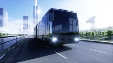 Otobanda çok hızlı giden 3D yolcu otobüsü modeli. Gelecekçi şehir geçmişi. 3d oluşturma.