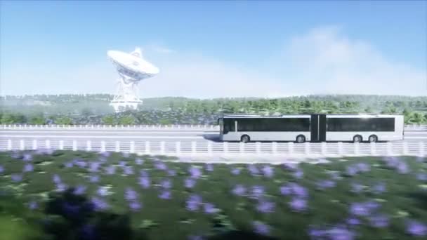 Modello 3d di autobus passeggeri guida molto veloce in autostrada. Sfondo futuristico della città. rendering 3d . — Video Stock