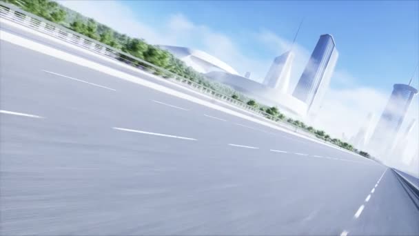 3D-Modell des Personenbusses sehr schnelles Fahren auf der Autobahn. Futuristischer Hintergrund der Stadt. 3D-Darstellung. — Stockvideo