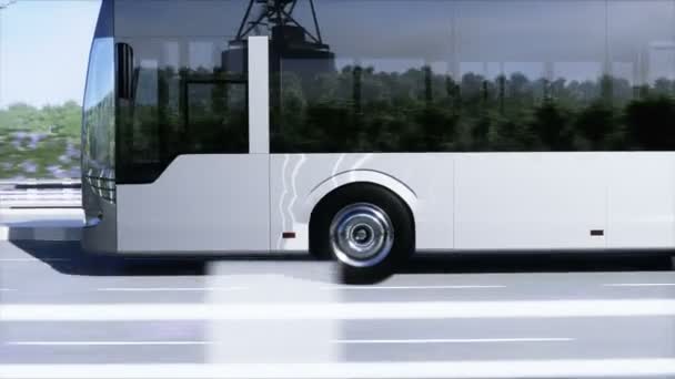 Modèle 3D de bus de passagers conduite très rapide sur l'autoroute. Fond urbain futuriste. Rendu 3d . — Video