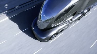 Otobanda jenerik fütüristik elektrikli kamyonun 3 boyutlu modeli. Geleceğin şehir geçmişi. Elektrikli otomobil. Gerçekçi 4K animasyonu