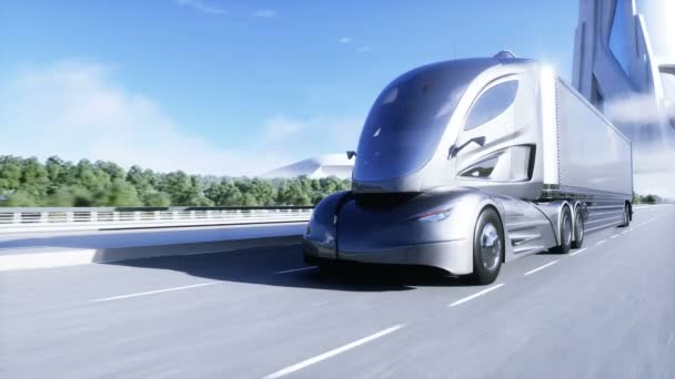 Modèle 3d de camion électrique futuriste générique sur l'autoroute. Fond futur de la ville. Voiture électrique. Animation 4K réaliste — Video