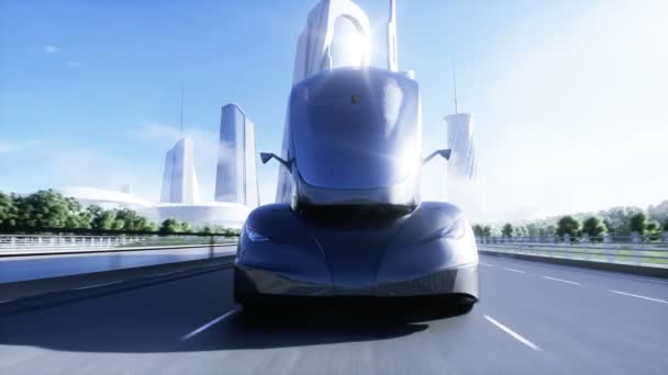 3d модель універсальної футуристичної електричної вантажівки на шосе. Майбутнє місто. Електричний автомобіль. Реалістична анімація 4K — стокове відео
