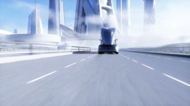Otobanda jenerik fütüristik elektrikli kamyonun 3 boyutlu modeli. Geleceğin şehir geçmişi. Elektrikli otomobil. Gerçekçi 4K animasyonu