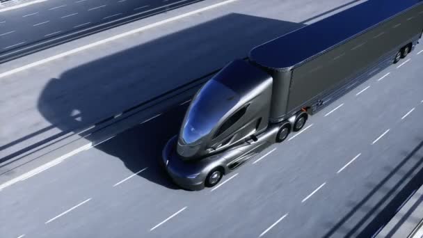 高速道路上の一般的な未来的な電気トラックの3Dモデル。将来の都市の背景。電気自動車。現実的な4Kアニメーション — ストック動画