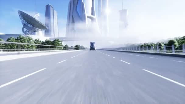 Modelo 3d de camión eléctrico futurista genérico en la carretera. Fondo futuro de la ciudad. Automóvil eléctrico. Animación realista 4K — Vídeo de stock