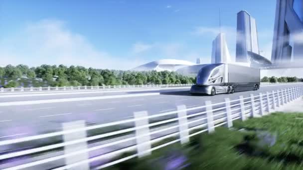 Modèle 3d de camion électrique futuriste générique sur l'autoroute. Fond futur de la ville. Voiture électrique. Animation 4K réaliste — Video