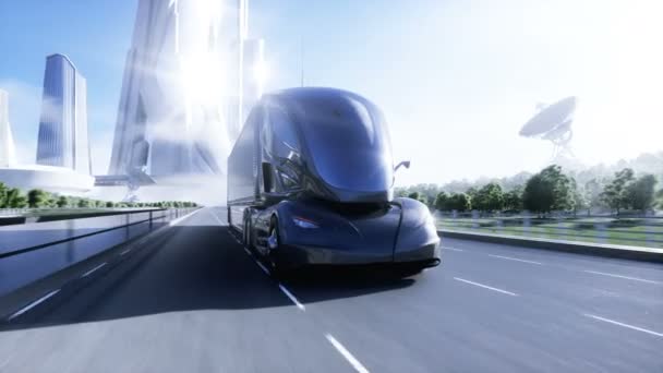 3d 모델의 일반적 인 미래 형 전기 트럭 고속 도로에서. 미래의 도시 배경. 전기 자동차. 현실적 인 4K 애니메이션 — 비디오
