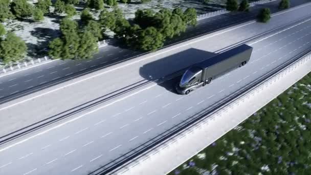 3D model generického futuristického elektrického kamionu na dálnici. Pozadí budoucího města. Elektrický automobil. Realistická 4K animace — Stock video