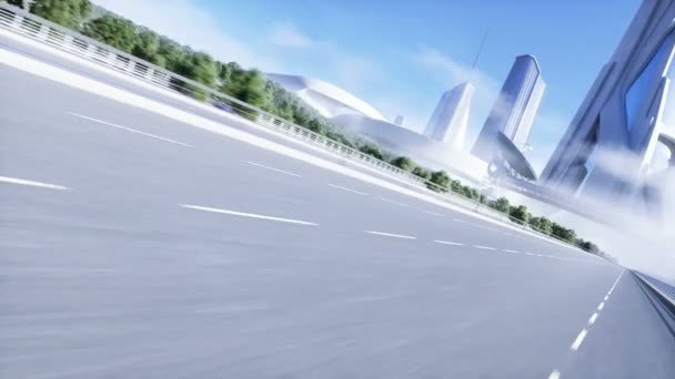 3D model generického futuristického elektrického kamionu na dálnici. Pozadí budoucího města. Elektrický automobil. Realistická 4K animace — Stock video