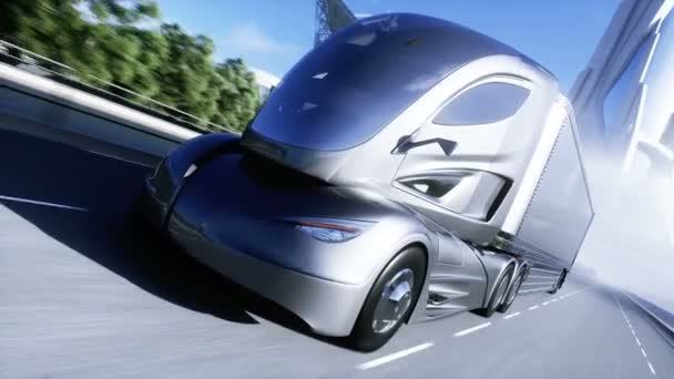 Modelo 3d de camión eléctrico futurista genérico en la carretera. Fondo futuro de la ciudad. Automóvil eléctrico. Animación realista 4K — Vídeo de stock
