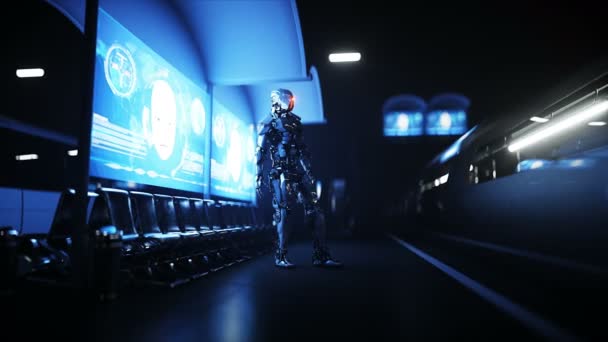 Roboter auf dem futuristischen Sci-Fi-Bahnhof. Zukunftskonzept. Luftaufnahme Realistische 4k-Animation — Stockvideo