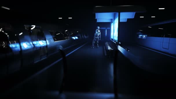 Robot en la estación futurista del ferrocarril Sci Fi. Concepto futuro. Vista aérea Animación realista 4k — Vídeo de stock
