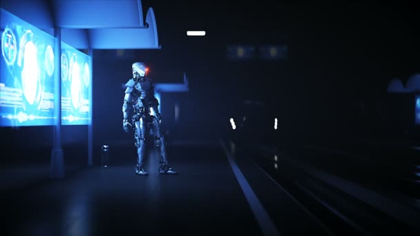 Robot op het Sci Fi futuristische station. Toekomstconcept. Luchtfoto Realistische 4k animatie — Stockvideo