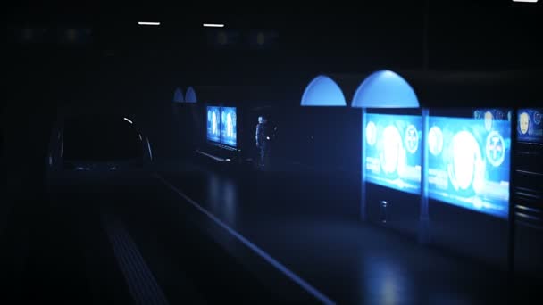 Робот на залізничній футуристичній станції Sci Fi. Майбутнє поняття. Повітряний погляд Реалістична анімація 4k — стокове відео