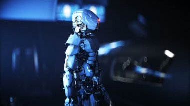 Bilim-Kurgu tren istasyonunda robot var. Gelecek konsepti. Hava görüntüsü Gerçekçi 4k animasyonu