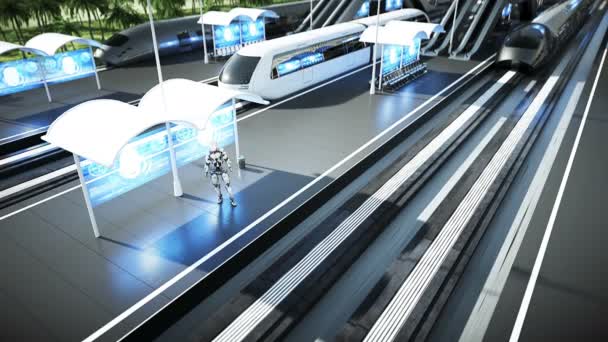 Robot na železniční futuristické stanici Sci Fi. Budoucí koncept. Letecký pohled Realistická 4k animace — Stock video