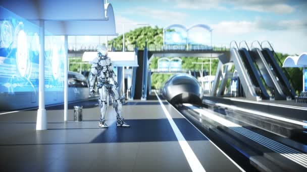 Робот на залізничній футуристичній станції Sci Fi. Майбутнє поняття. Повітряний погляд Реалістична анімація 4k — стокове відео