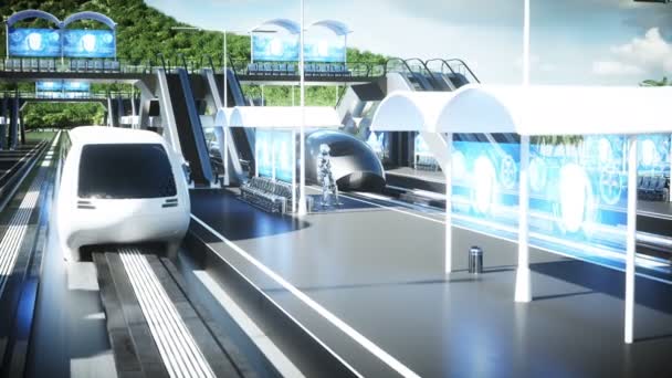 Robot na železniční futuristické stanici Sci Fi. Budoucí koncept. Letecký pohled Realistická 4k animace — Stock video