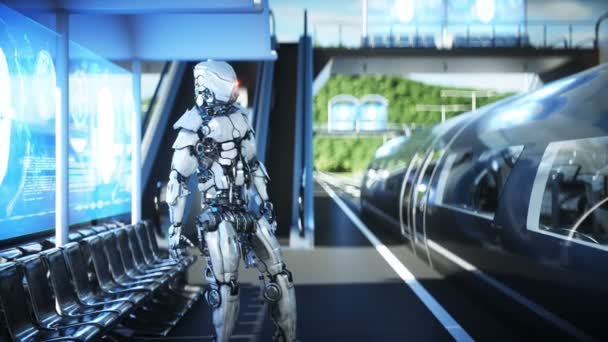 Roboten på Sci Fi järnvägens futuristiska station. Framtida koncept. Flygvy Realistisk 4k animation — Stockvideo