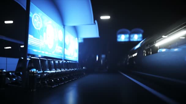 Estação futurista ferroviária Sci Fi. Conceito futuro. Vista noturna. Animação 4k realista — Vídeo de Stock