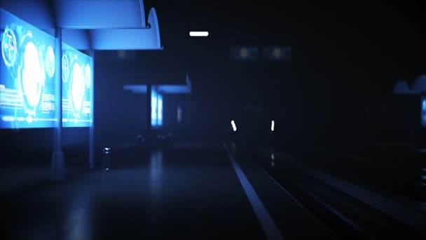 Stasiun futuristik kereta api Sci Fi. Konsep masa depan. Pemandangan malam. Animasi 4k realistis — Stok Video