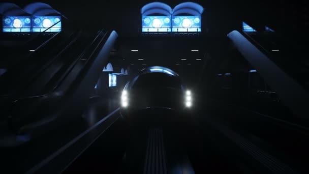 Estación futurista ferroviaria de ciencia ficción. Concepto futuro. Vista nocturna. Animación realista 4k — Vídeo de stock