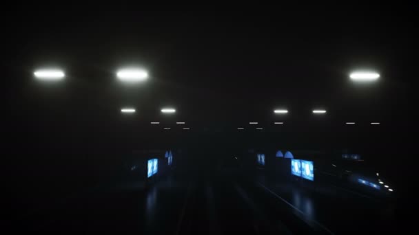 Estación futurista ferroviaria de ciencia ficción. Concepto futuro. Vista nocturna. Animación realista 4k — Vídeo de stock